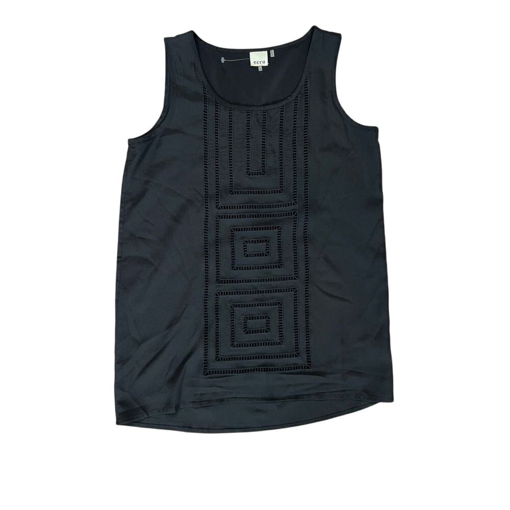 Ecru Washable Black Geometric Embroidered‎ Tank Top XS NWOT Casual Sheer Trail